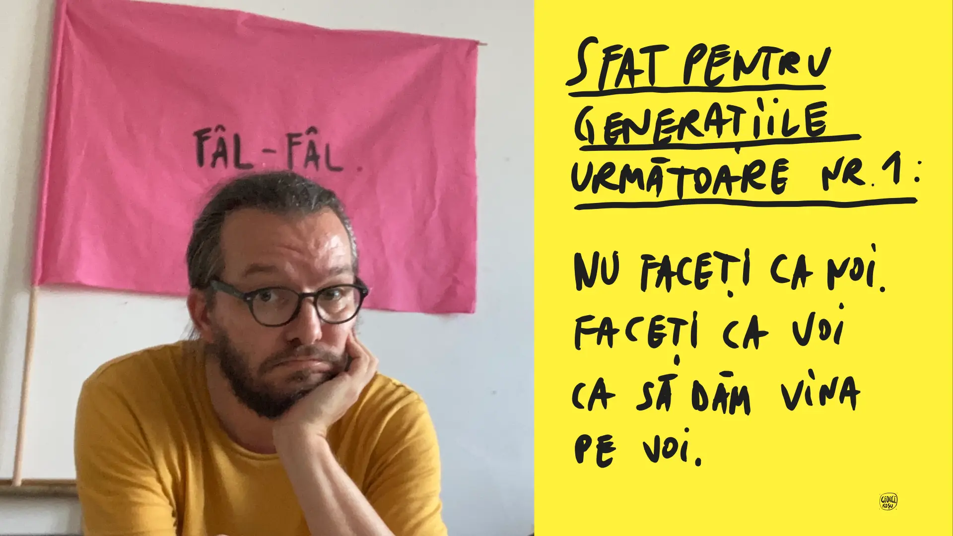 colaj - fotografie cu artistul George Roșu și o ilustrație realizată de el din seria sfaturi pentru generațiile viitoare