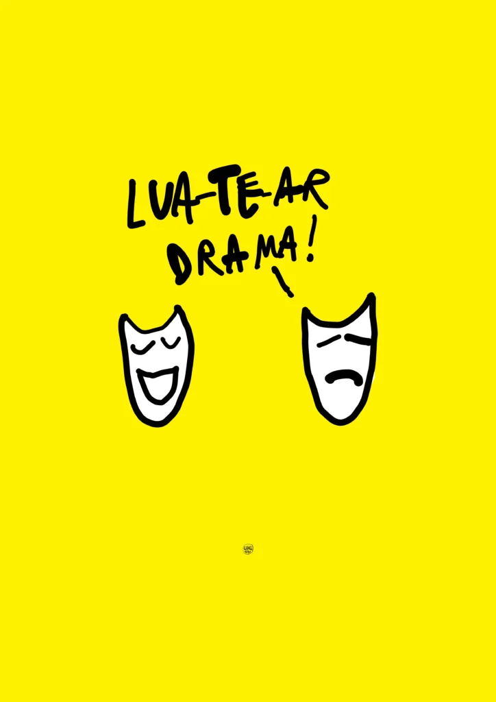 lucrare de George Roșu cu două măști de teatru pe un fundal galben intens. cea din stânga zâmbește, cea din dreapta privitorului e tristă. cea tristă îi spune celei vesele „Lua-te-ar drama!”. inclusă în interviul realizat de Izabella Lukacs 