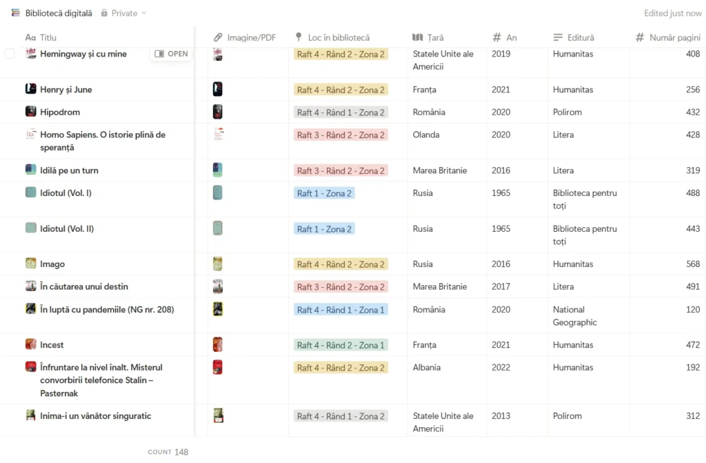 coloane incluse în biblioteca digitală din Notion
